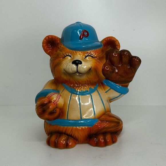 Vintage 90’s Teddy Bear Musical Piggy Bank Baseball Theme Hand Painted 7 1/2” H - Picture 9 of 9